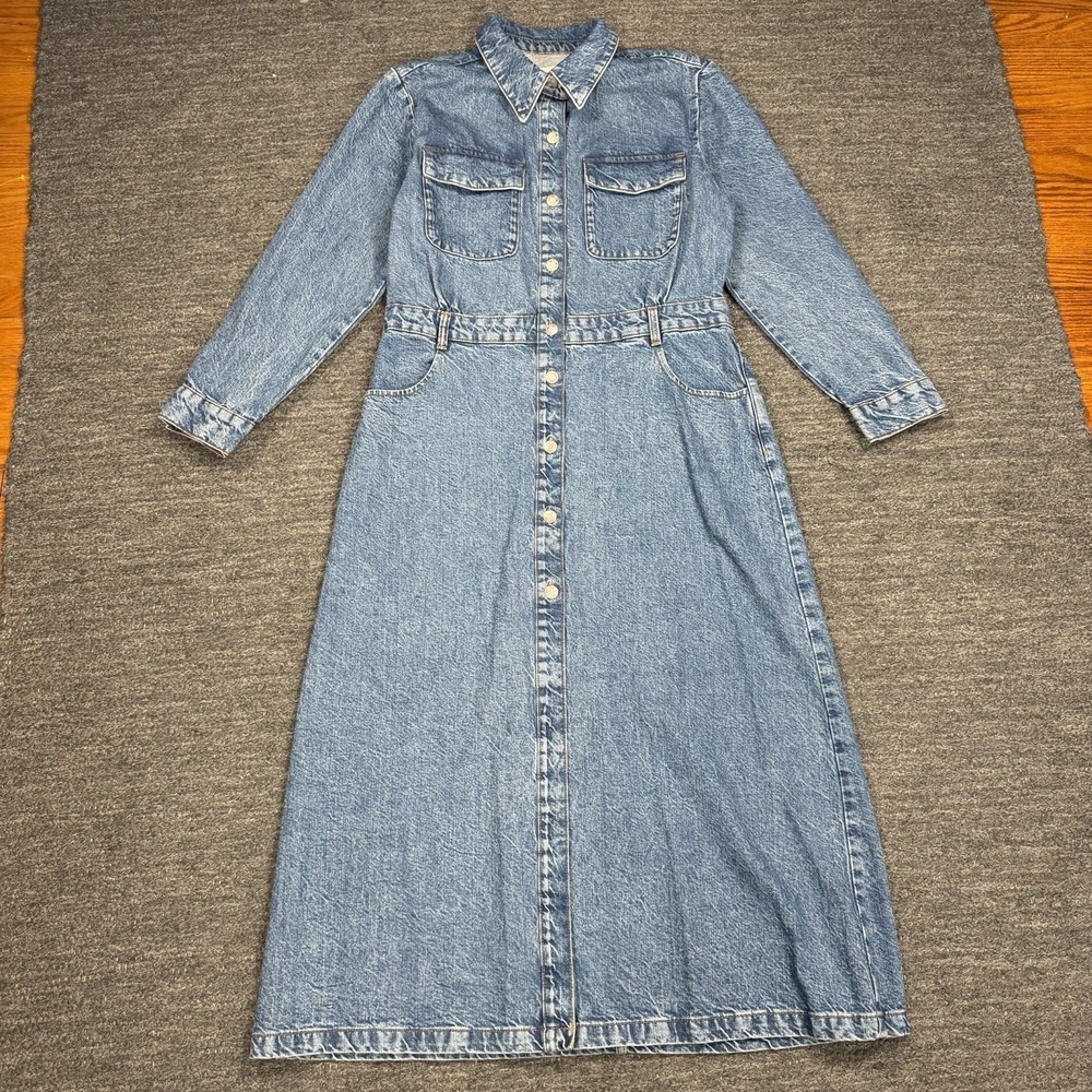 Zara Z1975 Denim Midi Dress Women XL Blue Button Up Shirt Cowgirl Farm Modest